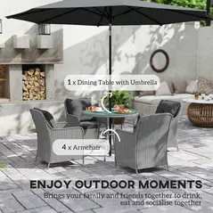 Outsunny 4 Seater Rattan Dining Set with Parasol & Cushions - Light Grey - 4