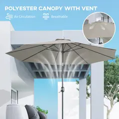 Outsunny 3(m) Tilting Parasol Garden Umbrellas, Outdoor Sun Shade with 8 Ribs, Tilt and Crank Handle for Balcony, Bench, Garden, Light Grey - 8