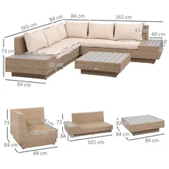 Outsunny 4 Pieces Rattan Garden Furniture Set, Garden Corner Sofa with Side Trays, Wicker Conservatory Furniture Set with Loveseats, Slatted Plastic Top Coffee Table and Cushions, Beige - 3