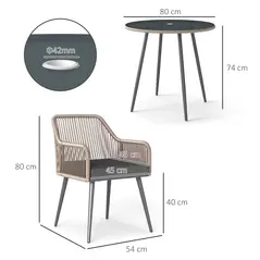 Outsunny 4 Seater Rattan Dining Set, Rattan Garden Furniture Set with Parasol Hole, Outdoor Dining Table and Chairs Set with Cushions, Round Glass Top Table for Patio, Balcony, Light Brown - 3