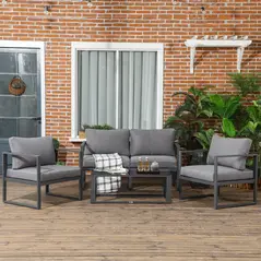 Outsunny 4 Pieces Garden Sofa Set 2 Single Armchair 1 Bench & Side Table Set Aluminium Frame Patio Furniture with Cushions Grey - 2