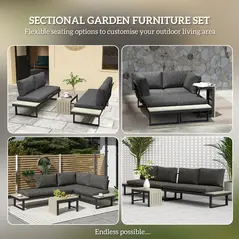 Outsunny 4 Seater L Shaped Aluminium Sectional Garden Furniture Set with 2 Loveseats and Wood-Plastic Coffee Table - Dark Grey - 4