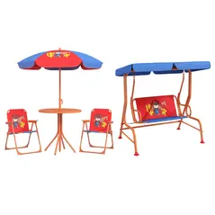 Outsunny 4 Piece Kids Garden Furniture Set with Adjustable Canopy, Cowboy Themed, Kids Garden Table and Chair Set and Double Seat Swing Chair for Patio Park Porch, for Ages 3-6 Years - Red and Blue - 1