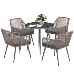 Outsunny 4 Seater Rattan Dining Set, Rattan Garden Furniture Set with Parasol Hole, Outdoor Dining Table and Chairs Set with Cushions, Round Glass Top Table for Patio, Balcony, Light Brown - 1
