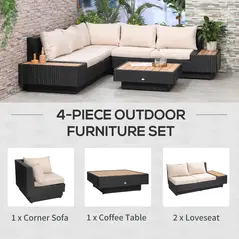 Outsunny 4 PCs Rattan Garden Furniture Outdoor Sectional Corner Sofa and Coffee Table Set  Conservatory Wicker Weave Furniture with Armrest and Cushions - Black - 5