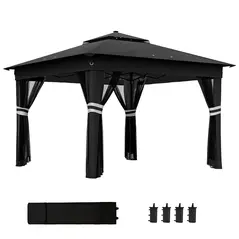Outsunny 3.36 x 3.36m Pop Up Gazebo Party Tent with Solar-Powered LED Lights, Adjustable Event Shelter with Netting, Black - 1