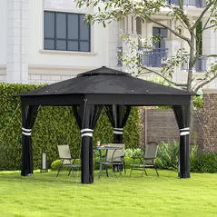 Outsunny 3.36 x 3.36m Pop Up Gazebo Party Tent with Solar-Powered LED Lights, Adjustable Event Shelter with Netting, Black - 2