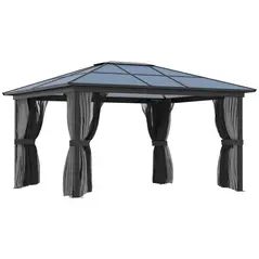 Outsunny 3.6 x 4m Hardtop Gazebo Canopy with Polycarbonate Roof, Aluminium Frame, Permanent Pavilion Garden Gazebo with Netting and Curtains for Patio, Deck, Dark Grey - 1