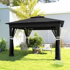 Outsunny 3.36 x 3.36m Pop Up Gazebo Party Tent with Solar-Powered LED Lights, Adjustable Event Shelter with Netting, Black - 8