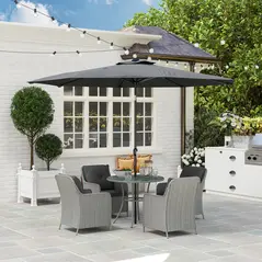 Outsunny 4 Seater Rattan Dining Set with Parasol & Cushions - Light Grey - 2