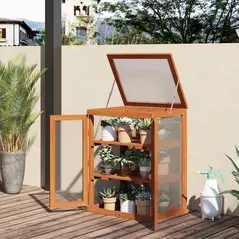 Outsunny 3-tier Wood Greenhouse Garden Polycarbonate Cold Frame Balcony Grow House w/ Storage Shelf for Plants, Flowers, Orange - 2