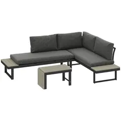 Outsunny 4 Seater L Shaped Aluminium Sectional Garden Furniture Set with 2 Loveseats and Wood-Plastic Coffee Table - Dark Grey - 1