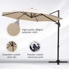 Outsunny 3M Banana Parasol Hanging Cantilever Umbrella W/ Cross Base Hand Crank Aluminium Frame 360°Rotation Hand Crank-Beige - 6