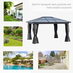 Outsunny 3.6 x 4m Hardtop Gazebo Canopy with Polycarbonate Roof, Aluminium Frame, Permanent Pavilion Garden Gazebo with Netting and Curtains for Patio, Deck, Dark Grey - 7