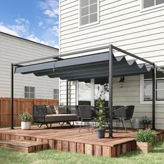 Outsunny 4 x 3(m) Metal Outdoor Pergola with Retractable Roof, Outdoor Gazebo with Drainage Holes for Garden, Patio, Lawn, Grey - 2