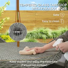 Outsunny 4 Seater Rattan Garden Furniture Set with Cushions, Round PE Rattan Dining Set with Glass-Top Table, Umbrella Hole, Outdoor Garden Table and Chairs, Grey - 5