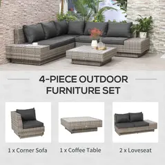 Outsunny 4 PCs Rattan Garden Furniture Outdoor Sectional Corner Sofa and Coffee Table Set  Conservatory Wicker Weave Furniture with Armrest and Cushions - Light Grey - 5