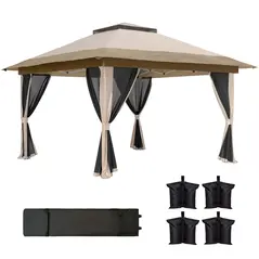 Outsunny 3.6 x 3.6m Pop-Up Gazebo, with Accessories - Beige - 1