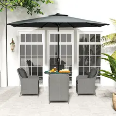 Outsunny 4 Seater Rattan Dining Set with Parasol & Cushions - Light Grey - 9