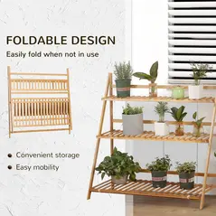 Outsunny 3-Tier Plant Stand, Plant Shelf Rack, Folding Bamboo Display Stand, 98x37x96.5cm, Natural - 5