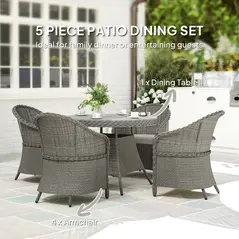 Outsunny 4 Seater Rattan Garden Furniture Set with Cushions, Round PE Rattan Dining Set with Glass-Top Table, Umbrella Hole, Outdoor Garden Table and Chairs, Grey - 4