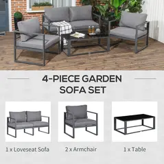 Outsunny 4 Pieces Garden Sofa Set 2 Single Armchair 1 Bench & Side Table Set Aluminium Frame Patio Furniture with Cushions Grey - 4
