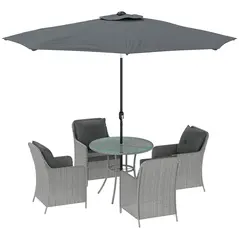 Outsunny 4 Seater Rattan Dining Set with Parasol & Cushions - Light Grey - 1