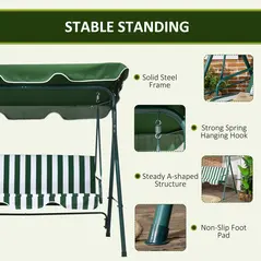 Outsunny 3-Seat Swing Chair Garden Swing Seat with Adjustable Canopy for Patio, Green - 5