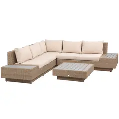 Outsunny 4 Pieces Rattan Garden Furniture Set, Garden Corner Sofa with Side Trays, Wicker Conservatory Furniture Set with Loveseats, Slatted Plastic Top Coffee Table and Cushions, Beige - 1