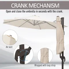 Outsunny 3M Banana Parasol Hanging Cantilever Umbrella W/ Cross Base Hand Crank Aluminium Frame 360°Rotation Hand Crank-Beige - 7