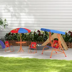 Outsunny 4 Piece Kids Garden Furniture Set with Adjustable Canopy, Cowboy Themed, Kids Garden Table and Chair Set and Double Seat Swing Chair for Patio Park Porch, for Ages 3-6 Years - Red and Blue - 2