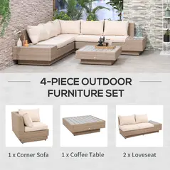 Outsunny 4 Pieces Rattan Garden Furniture Set, Garden Corner Sofa with Side Trays, Wicker Conservatory Furniture Set with Loveseats, Slatted Plastic Top Coffee Table and Cushions, Beige - 6