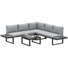 Outsunny 4 Pieces Garden Furniture Set, 5-Level Reclining Garden Corner Sofa Set, Outdoor Lounge Conversation Sectional with Cushions, Wood Effect Plastic Table, Black Frame & Light Grey Cushion - 1