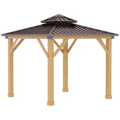 Outsunny 3x(3)M Outdoor Hardtop Gazebo Canopy with 2-Tier Roof and Solid Wood Frame, Outdoor Patio Shelter for Patio, Garden, Brown - 1