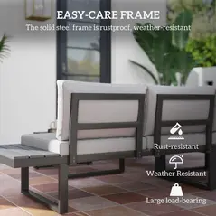 Outsunny 4 Pieces Garden Furniture Set, 5-Level Reclining Garden Corner Sofa Set, Outdoor Lounge Conversation Sectional with Cushions, Wood Effect Plastic Table, Black Frame & Light Grey Cushion - 4