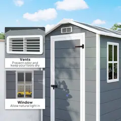 Outsunny 4 x 6ft Garden Shed, Plastic Shed with Floor, Window, Lockable Door and Vents, Resin Tool Shed for Outdoor Patio Storage, Zero Maintenance, Grey - 6