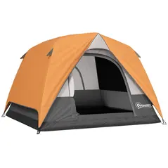 Outsunny 3-4 Person Camping Tent, Easy Set Up Waterproof Dome Tent with Sewn-in Groundsheet, Mesh Windows, Pocket and Hook for Camping, Hiking, Backpacking, Orange and Grey - 1