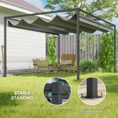 Outsunny 4 x 3(m) Metal Outdoor Pergola with Retractable Roof, Outdoor Gazebo with Drainage Holes for Garden, Patio, Lawn, Grey - 5