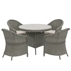 Outsunny 4 Seater Rattan Garden Furniture Set with Cushions, Round PE Rattan Dining Set with Glass-Top Table, Umbrella Hole, Outdoor Garden Table and Chairs, Grey - 1