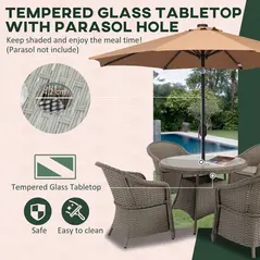 Outsunny 4 Seater Rattan Garden Furniture Set with Cushions, Round PE Rattan Dining Set with Glass-Top Table, Umbrella Hole, Outdoor Garden Table and Chairs, Mixed Grey - 6