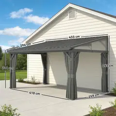 Outsunny 4.3 x 3 m Garden Pergola with Galvanised Steel Roof, Lean to Pergola Gazebo with Netting Curtains, Dark Grey - 3