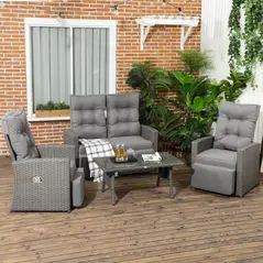 Outsunny 4 Piece Rattan Garden Furniture Set Outdoor Sofa Sectional Set with Glass Top Table for Poolside, Grey - 2