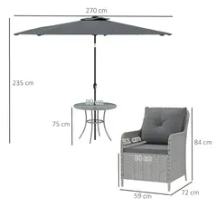 Outsunny 4 Seater Rattan Dining Set with Parasol & Cushions - Light Grey - 3