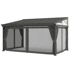 Outsunny 4.3 x 3 m Garden Pergola with Galvanised Steel Roof, Lean to Pergola Gazebo with Netting Curtains, Dark Grey - 1