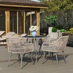 Outsunny 4 Seater Rattan Dining Set, Rattan Garden Furniture Set with Parasol Hole, Outdoor Dining Table and Chairs Set with Cushions, Round Glass Top Table for Patio, Balcony, Light Brown - 9
