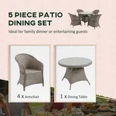 Outsunny 4 Seater Rattan Garden Furniture Set with Cushions, Round PE Rattan Dining Set with Glass-Top Table, Umbrella Hole, Outdoor Garden Table and Chairs, Mixed Grey - 4