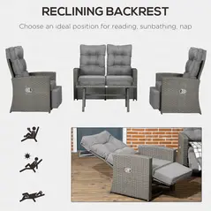 Outsunny 4 Piece Rattan Garden Furniture Set Outdoor Sofa Sectional Set with Glass Top Table for Poolside, Grey - 6