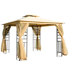 Outsunny 3(m) x 3(m) Garden Gazebo, Double Roof Outdoor Gazebo Canopy Shelter with Netting, Solid Steel Frame, for Garden, Lawn and Deck, Beige - 1