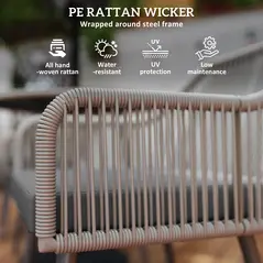 Outsunny 4 Seater Rattan Dining Set, Rattan Garden Furniture Set with Parasol Hole, Outdoor Dining Table and Chairs Set with Cushions, Round Glass Top Table for Patio, Balcony, Light Brown - 4