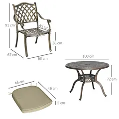 Outsunny 4 Seater Outdoor Dining Set Antique Cast Aluminium Garden Furniture Set with Cushions Round Dining Table with Parasol Hole, Bronze - 3